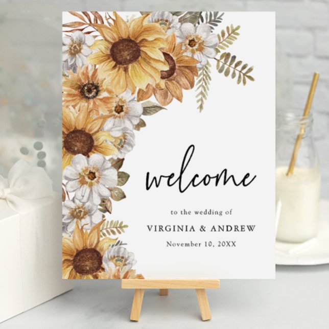 Rustic Solros Bröllop-tecken Poster (Rustic Watercolor Sunflower Floral Wedding Welcome Sign
by Painted Paperie)