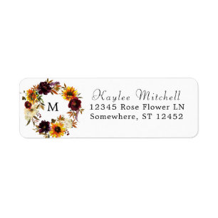 Rustic Solros & Burgundy 1 Blommigt Returadress Etikett