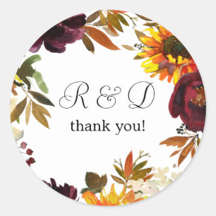 Rustic Solros & Burgundy Blommigt Monogram - Runt Klistermärke