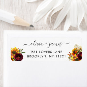 Rustic Solros Burgundy Ro Blommigt Watercolor Returadress Etikett