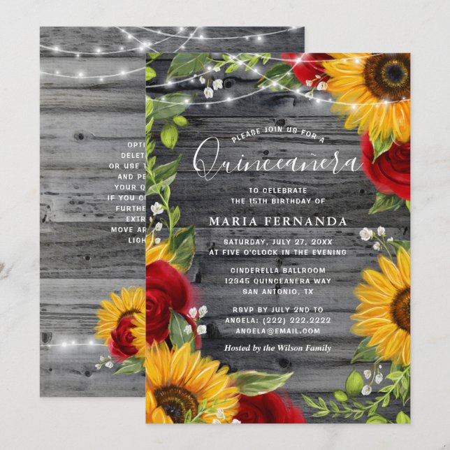 Rustic Solros Burgundy Ro Wood Quinceanera Inbjudningar (Fram/baksida)