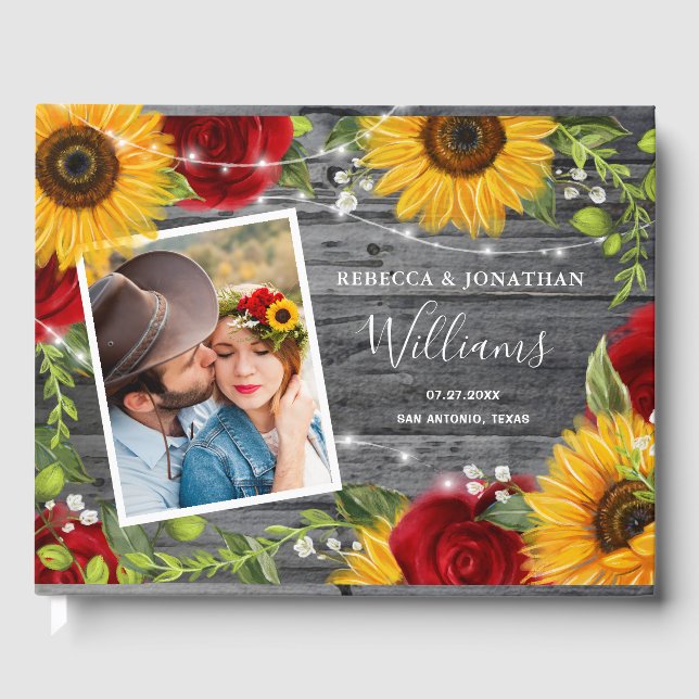 Rustic Solros Burgundy Röd ros Wood Bröllop Gästböcker (Framsida)