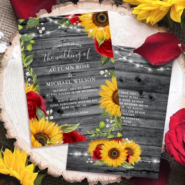Rustic Solros Burgundy Röd ros Wood Bröllop Inbjudningar (Personalized rustic wood, burgundy red rose sunflower wedding invitations for your big day!)