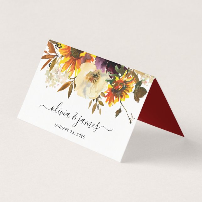 Rustic Solros Burgundy Watercolor Fall Wedding Kort (Framsida)