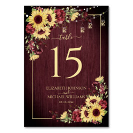 Rustic Solros Burgundy Wood Blommigt Bröllop Bordsnummer