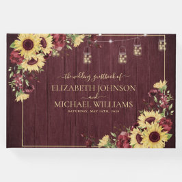 Rustic Solros Burgundy Wood Blommigt Bröllop Gästböcker