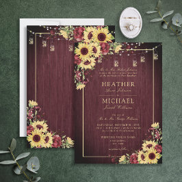 Rustic Solros Burgundy Wood Blommigt Bröllop Invi Inbjudningar