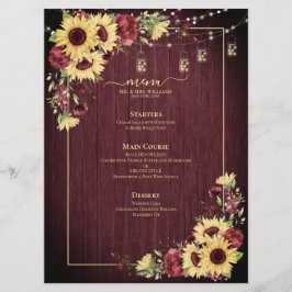 Rustic Solros Burgundy Wood Blommigt Bröllop Meny