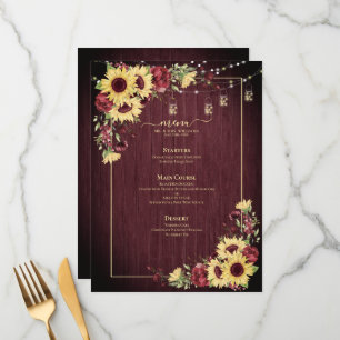 Rustic Solros Burgundy Wood Blommigt Bröllop Meny