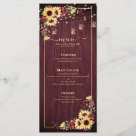 Rustic Solros Burgundy Wood Blommigt Bröllop Meny