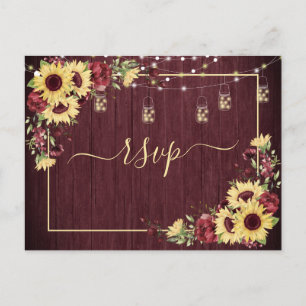 Rustic Solros Burgundy Wood Blommigt OSA No Menu Inbjudan Vykort