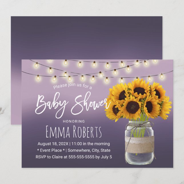 Rustic Solros Burk Elegant Lila Baby Shower Inbjudningar (Fram/baksida)