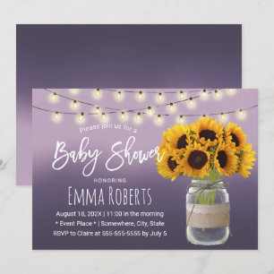 Rustic Solros Burk Elegant Lila Baby Shower Inbjudningar