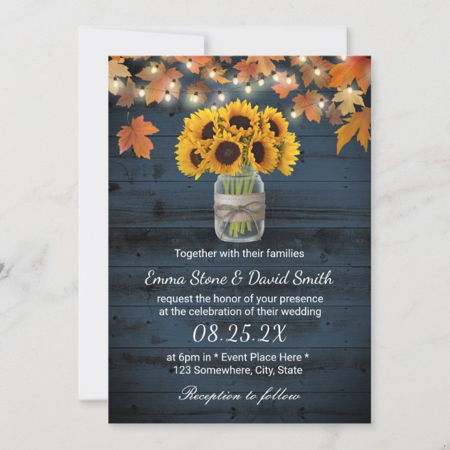 Rustic Solros Burk Navy Barn Wood Fall Wedding Inbjudningar (Framsida)