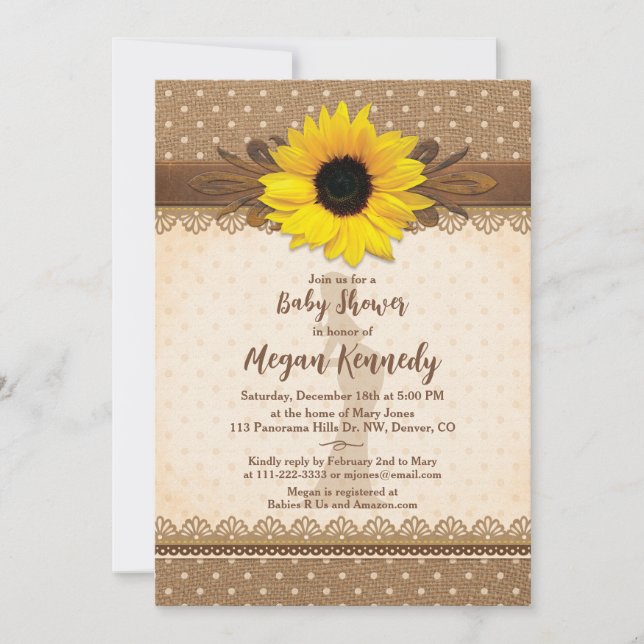 Rustic Solros Burlap Polka Dot Baby Shower Inbjudningar (Framsida)
