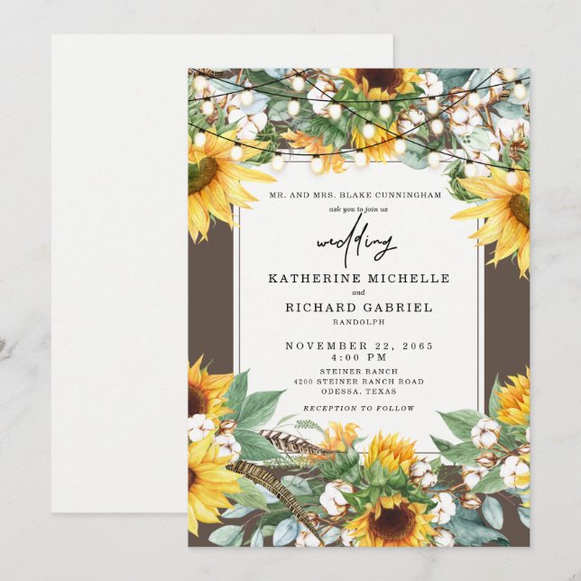 Rustic Solros Burst String Ljus Parents Inbjudningar (Fram/baksida)