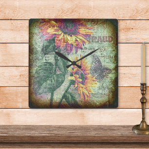 Rustic Solros Butterfly Bold Ephemera Fyrkantig Klocka