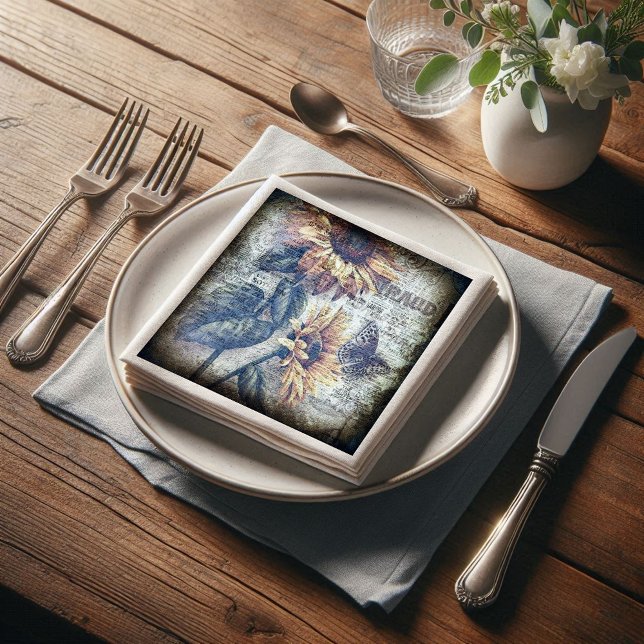 Rustic Solros Butterfly Newspaper Decoupage Pappersservett (Skapare uppladdad)