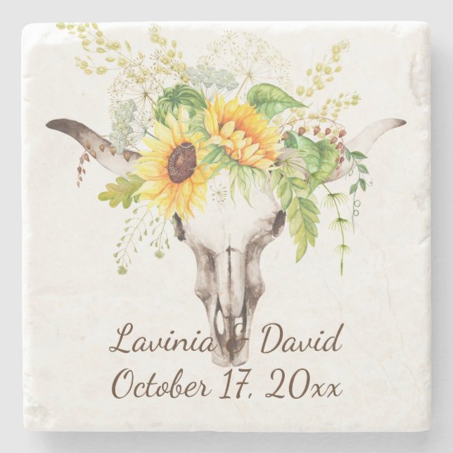 Rustic Solros Cow Skull Horns Bouquet Monogram Stenunderlägg (Framsidan)