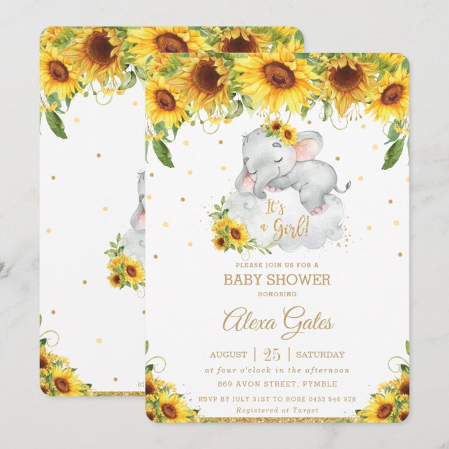 Rustic Solros Cute Elephant Baby Shower Girl Inbjudningar (Fram/baksida)