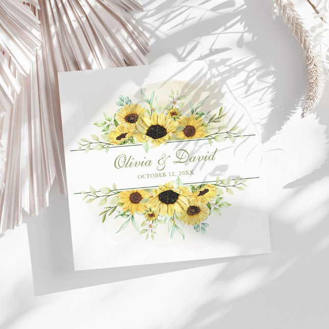 Rustic Solros Delight Bröllop Pappersservett (Rustic Sunflower Delight Wedding Paper Dinner Napkins on a sunny white table.)