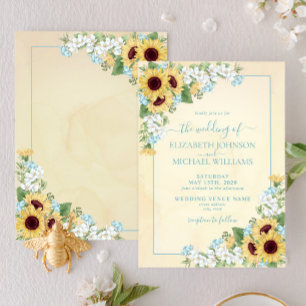 Rustic Solros Dusty Blue Gult Blommigt Bröllop Inbjudningar