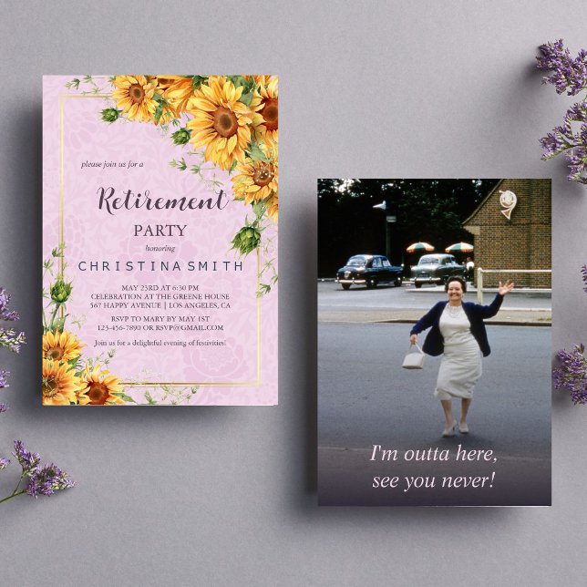 Rustic Solros Elegant Sommaren Pension Party Inbjudningar (Rustic Sunflower Elegant Summer Retirement Party Invitation)