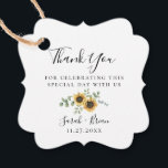 Rustic Solros Eucalyptus Bröllop Gåvor Etiketter<br><div class="desc">Elegant vattenfärgsbukett av solblommor och eukalyptus,  bröllop tackar för att du föredrar taggar. Baksidan av märkrn har fast marin blå färg.</div>