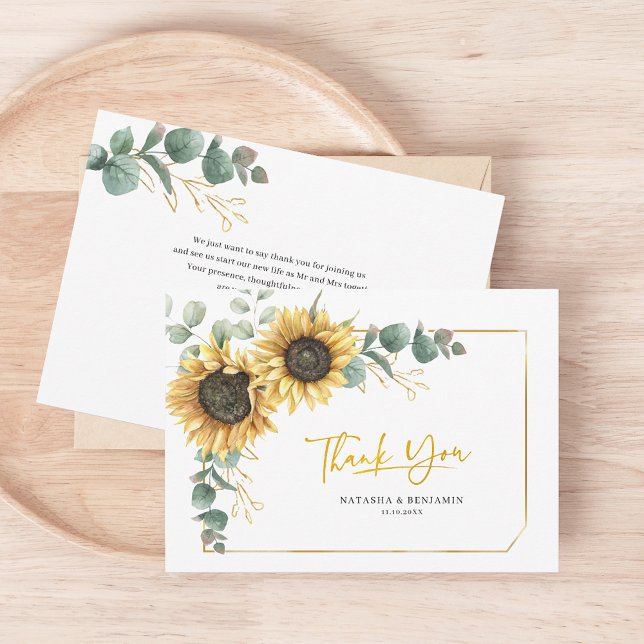 Rustic Solros Eucalyptus Bröllop - tackkort Inbjudningar (Sunflower Floral Script Wedding Thank You Card)