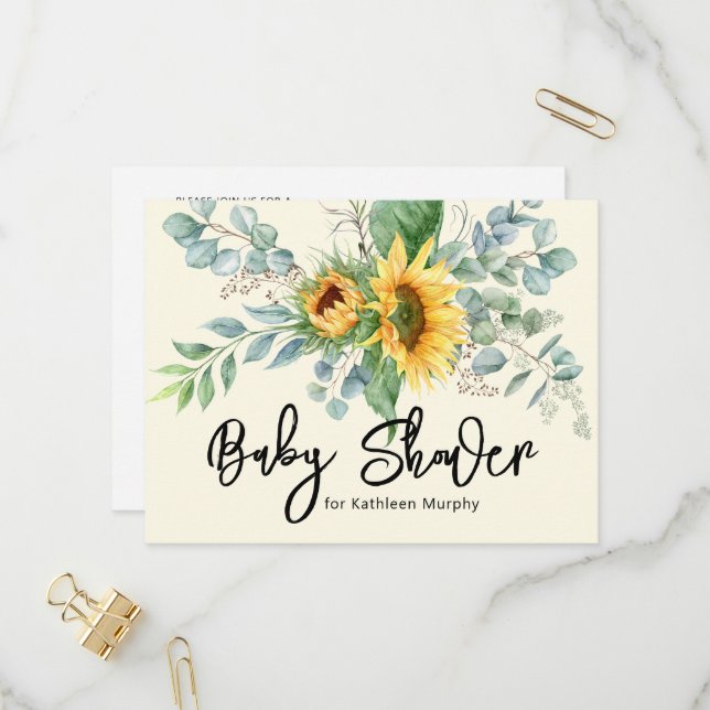 Rustic Solros Eucalyptus Greenery Baby Shower Inbjudan Vykort (Fram/Back In Situ)