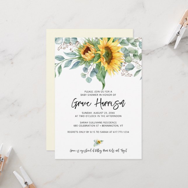 Rustic Solros Eucalyptus Greenery Baby Shower Inbjudningar (Fram/Back In Situ)