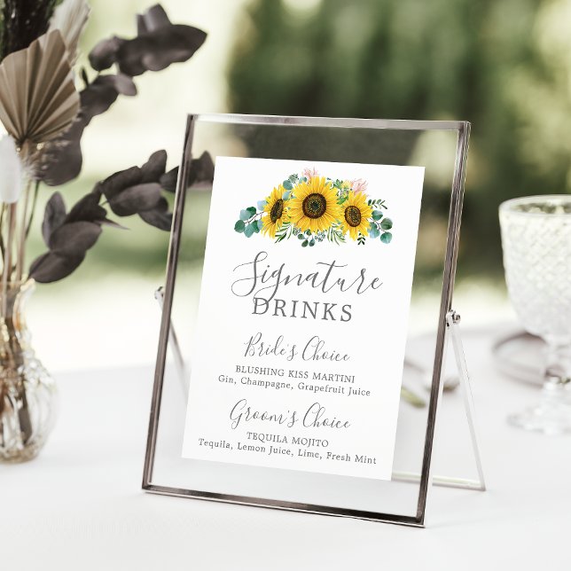 Rustic Solros Eucalyptus Namnteckning Drinks-tecke Poster (Skapare uppladdad)