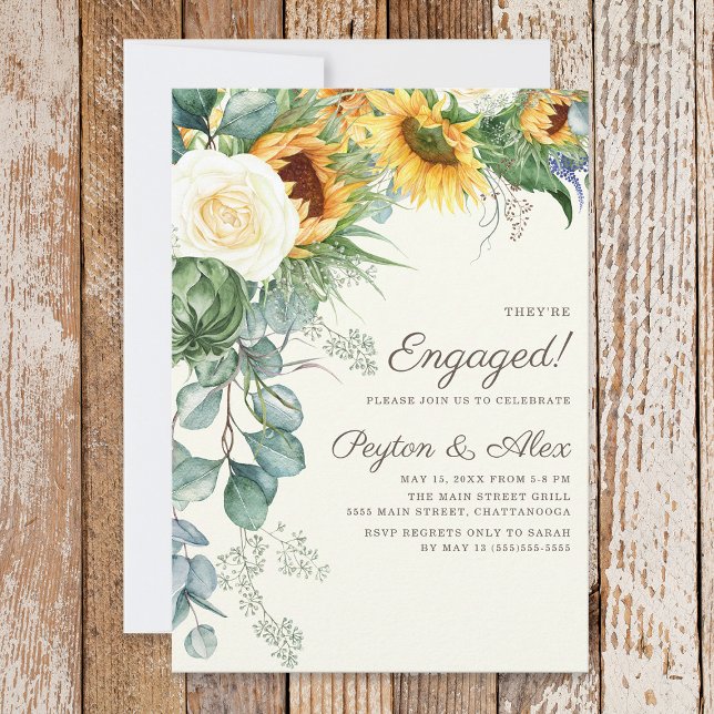 Rustic Solros Eucalyptus Vit ros Förlovning Inbjudningar (Sunflowers and eucalyptus engagement party invitation)
