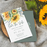 Rustic Solros Eucalyptus Watercolor Spara Datumet<br><div class="desc">Det här sparar datumet för platta kort med vattenfärgade solblommor och eukalyptus. Skriptkalligrafi och modernt teckensnitt som används.</div>