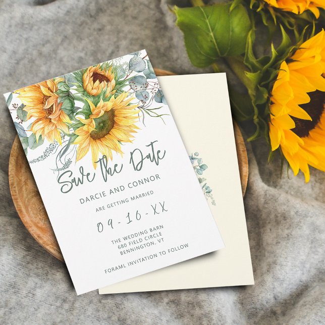 Rustic Solros Eucalyptus Watercolor Spara Datumet (Rustic Sunflower Eucalyptus Watercolor Save The Date)