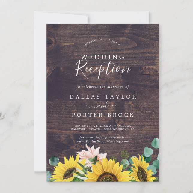 Rustic Solros Eucalyptus Wood Wedding Reception Inbjudningar (Framsida)