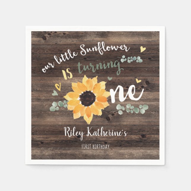 Rustic Solros Första Födelsedagsfesten Napkins Pappersservett (Framsidan)