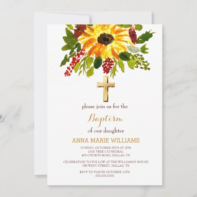 Rustic Solros Greenery Guld Kor Baptism Inbjudningar (Framsida)