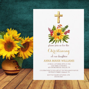 Rustic Solros Greenery Guld Kor Baptism Inbjudningar