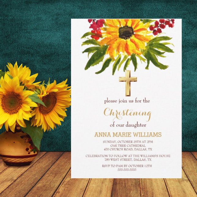 Rustic Solros Greenery Guld Kor Baptism Inbjudningar (Skapare uppladdad)