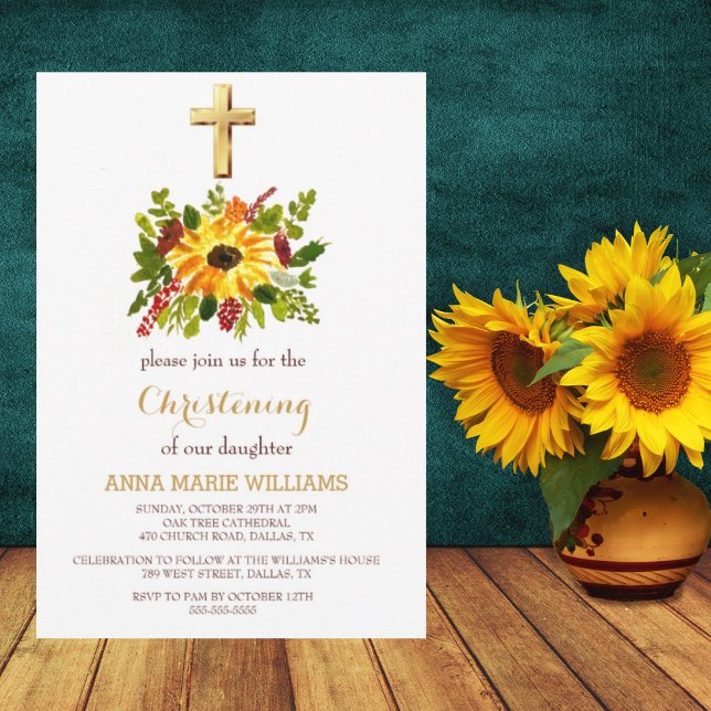 Rustic Solros Greenery Guld Kor Baptism Inbjudningar (Skapare uppladdad)