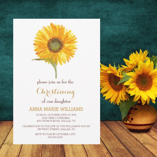 Rustic Solros Greenery Guld Kor Christening Inbjudningar (Skapare uppladdad)