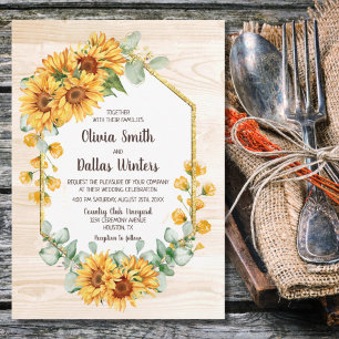 Rustic Solros Guld Geometric Barnwood Bröllop Inbjudningar