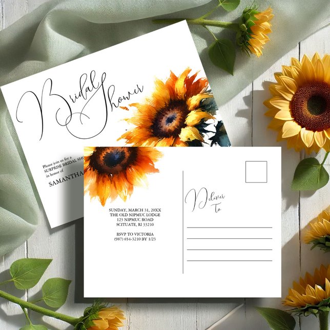 Rustic Solros Inbjudningskort för möhippa (Rustic sunflower bridal shower invitations postcard by Victoria Grigaliunas VG Invites)