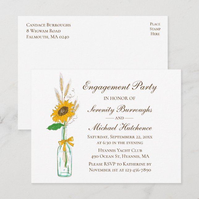 Rustic Solros Land Blommigt Förlovningsfest Inbjudan Vykort (Fram/baksida)