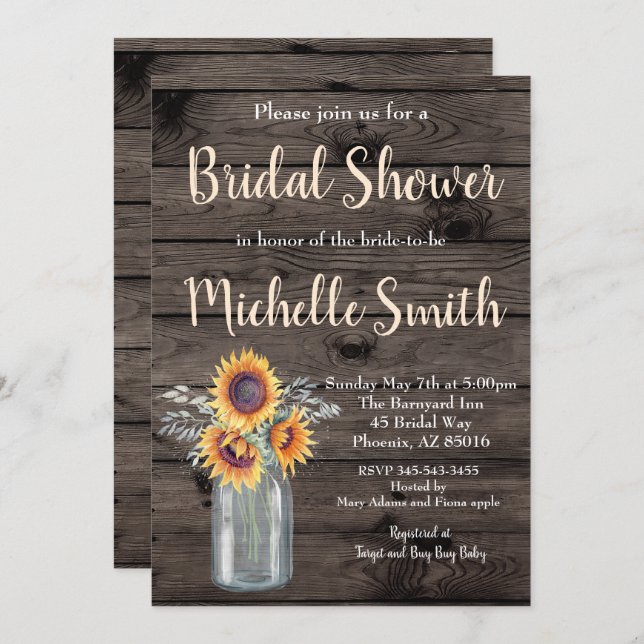 Rustic Solros Land Blommigt Wood Möhippa Inbjudningar (Fram/baksida)