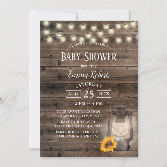 Rustic Solros Lantern Barn Wood Baby Shower Inbjudningar (Framsida)