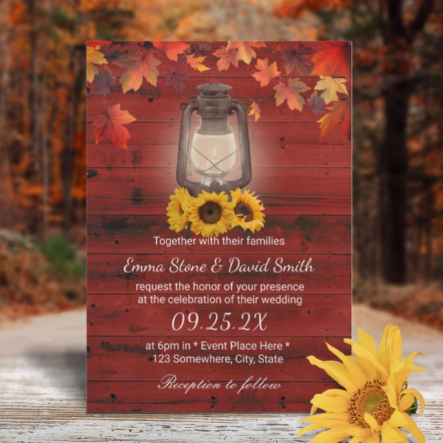 Rustic Solros Lantern Red Barn Fall Wedding Inbjudningar (Skapare uppladdad)