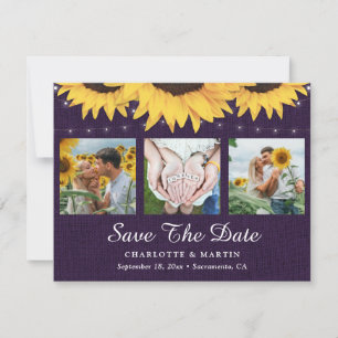 Rustic Solros Lila Burlap Bröllop Photo Spara Datumet