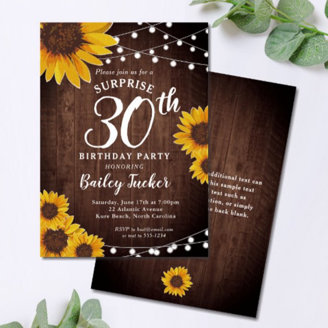 Rustic Solros & Ljus Surprise 30års födelsedag Inbjudningar (Skapare uppladdad)